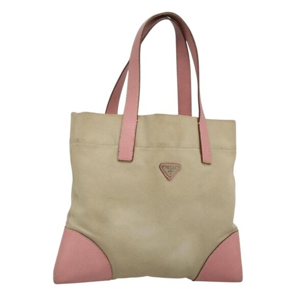 PRADA Tote Bag Canvas Beige Silver Auth 126135 - Picture 1 of 16